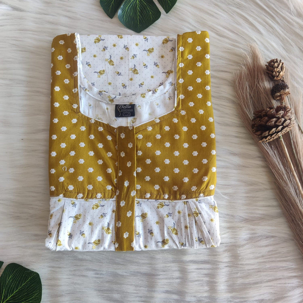 Olive Green And White Floral Printed Premium Cotton Plus Size Pleated Vertical Zip Feeding Nighty | Chest Width 50″| Length 56″