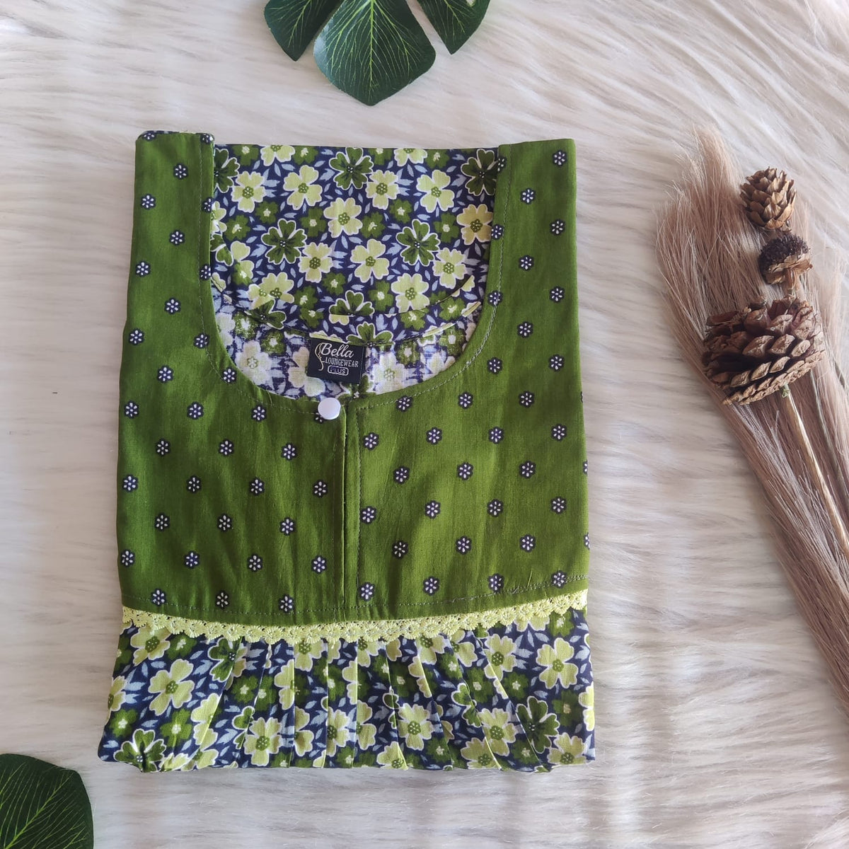 Dark And Pale Green Floral Printed Premium Cotton Plus Size Lace Nighty | Chest Width 50″| Length 56″