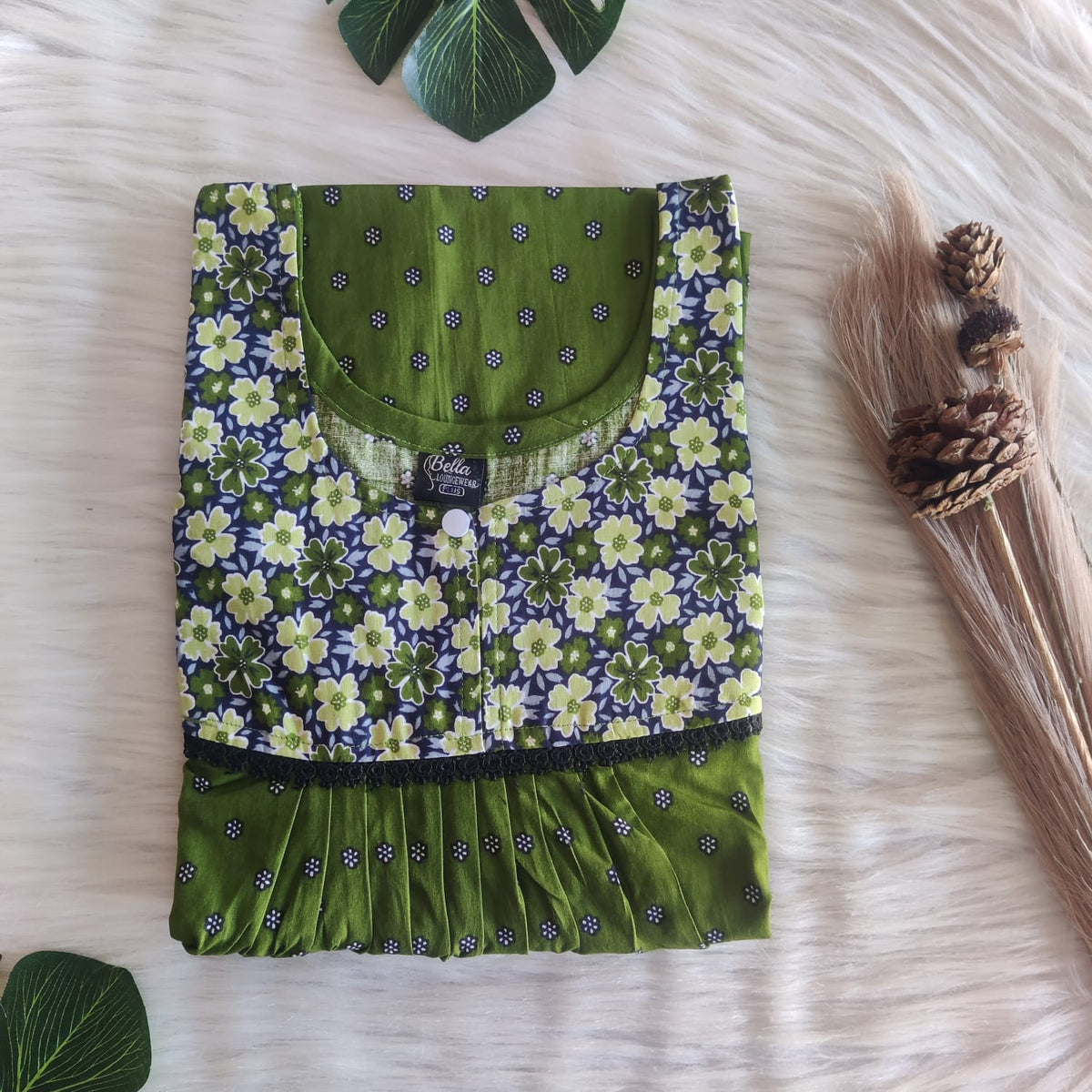 Pale And Dark Green Printed Premium Cotton Plus Size Lace Nighty | Chest Width 50″| Length 56″