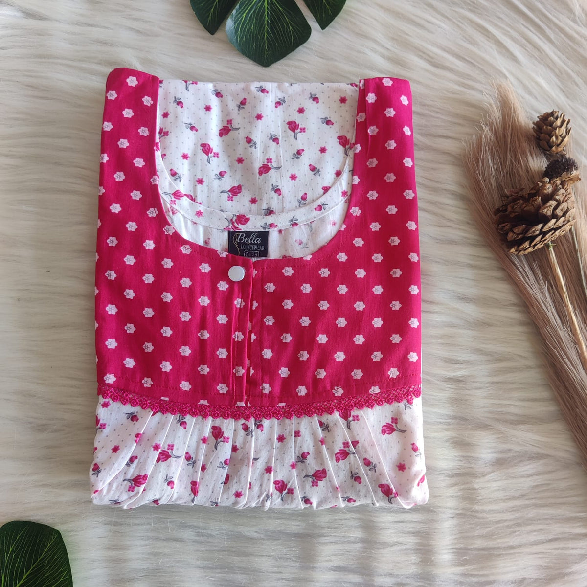 Pink And White Printed Premium Cotton Plus Size Lace Nighty | Chest Width 50″| Length 56″