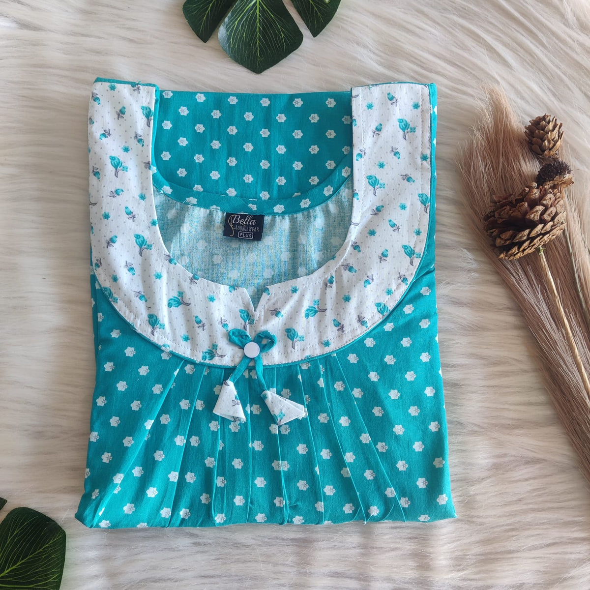 White And Blue Printed Plus Size Premium Cotton No Zip Pleated Nighty | Free Size | Chest Width 50″| Length 55″-56″