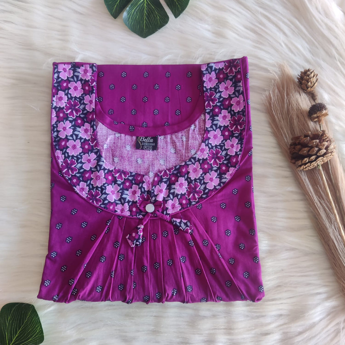 Grey And Purple Printed Plus Size Premium Cotton No Zip Pleated Nighty | Free Size | Chest Width 50″| Length 55″-56″