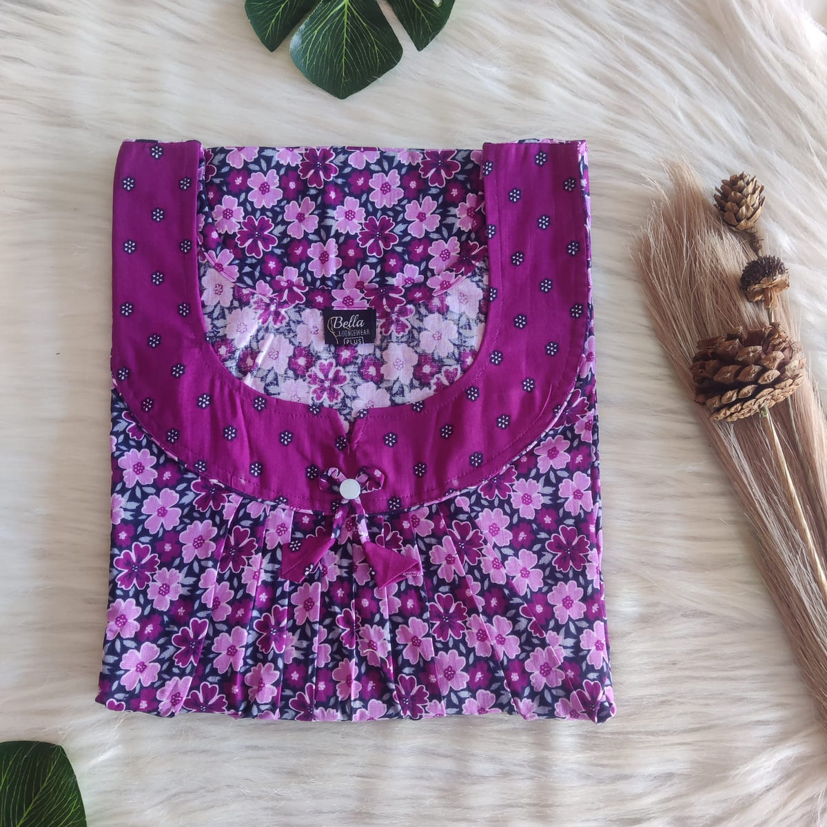 Purple And Grey Floral Printed Plus Size Premium Cotton No Zip Pleated Nighty | Free Size | Chest Width 50″| Length 55″-56″
