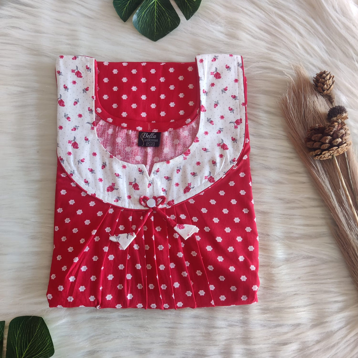 White And Red Printed Plus Size Premium Cotton No Zip Pleated Nighty | Free Size | Chest Width 50″| Length 55″-56″