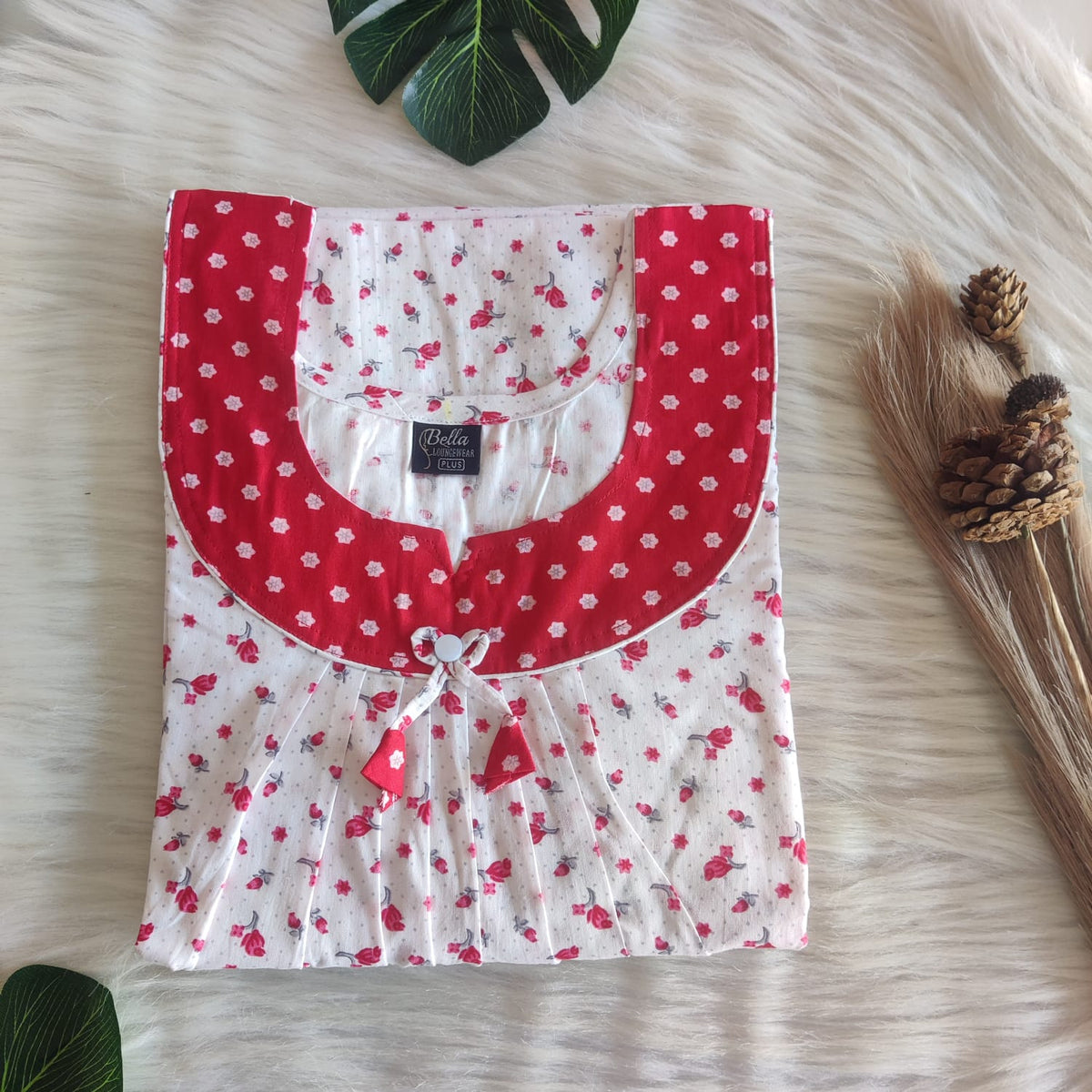 Red And White Floral Printed Plus Size Premium Cotton No Zip Pleated Nighty | Free Size | Chest Width 50″| Length 55″-56″