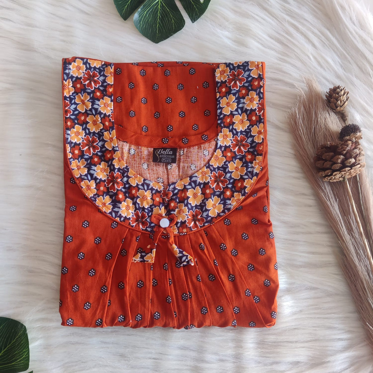 Grey And Rust Orange Printed Plus Size Premium Cotton No Zip Pleated Nighty | Free Size | Chest Width 50″| Length 55″-56″
