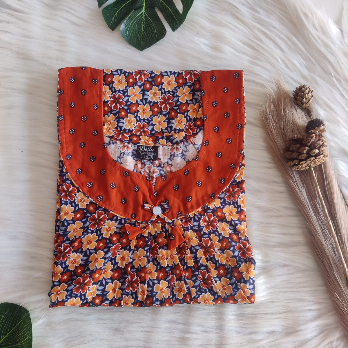 Rust Orange And Grey Floral Printed Plus Size Premium Cotton No Zip Pleated Nighty | Free Size | Chest Width 50″| Length 55″-56″