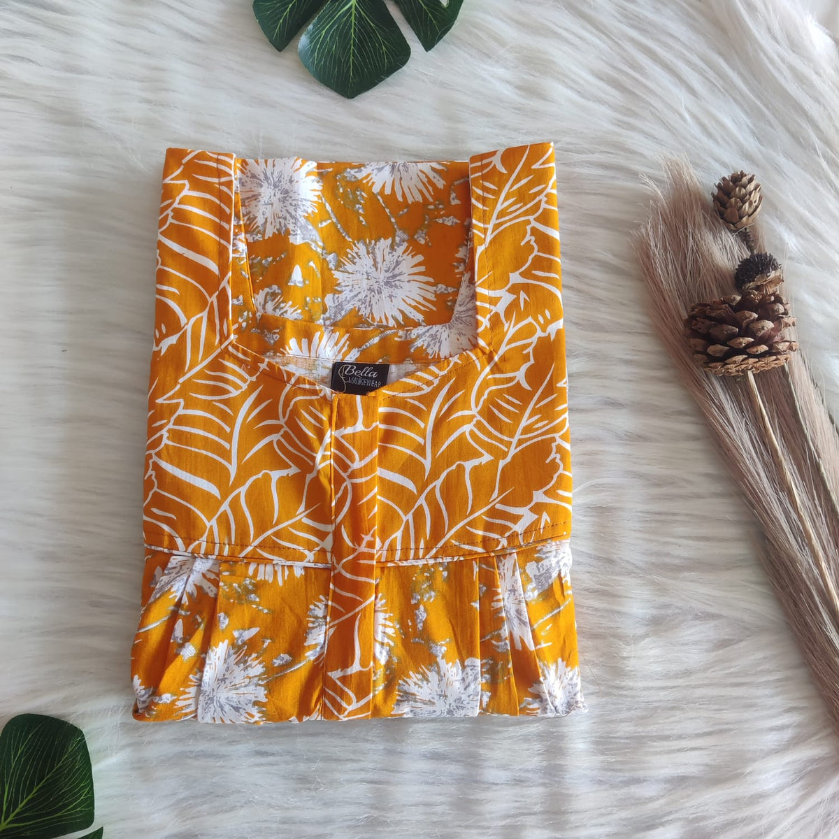 Orange And White  Floral Premium Cotton Square Neck Pleated Nighty | Free Size | Chest Width 44″| Length 55″-56″