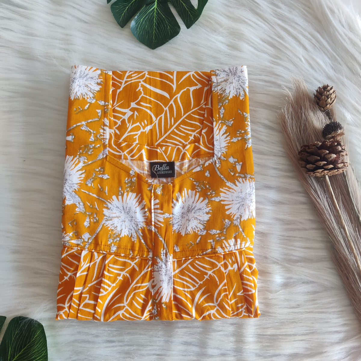 White And Orange Premium Cotton Square Neck Pleated Nighty | Free Size | Chest Width 44″| Length 55″-56″
