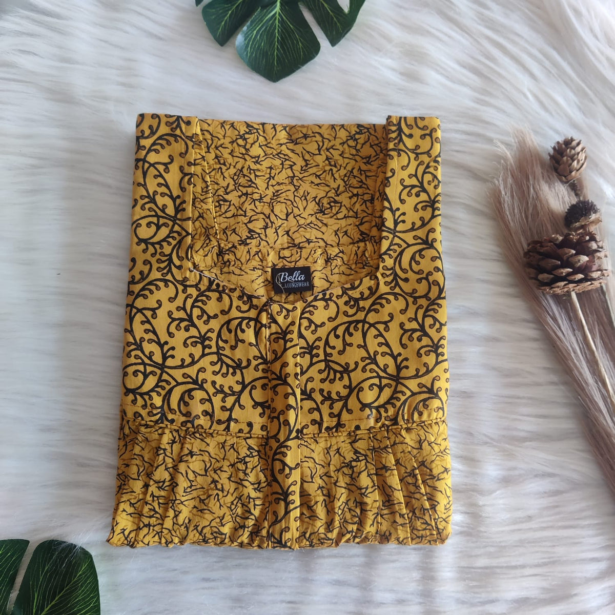 Black And Mustard Yellow Premium Cotton Square Neck Pleated Nighty | Free Size | Chest Width 44″| Length 55″-56″