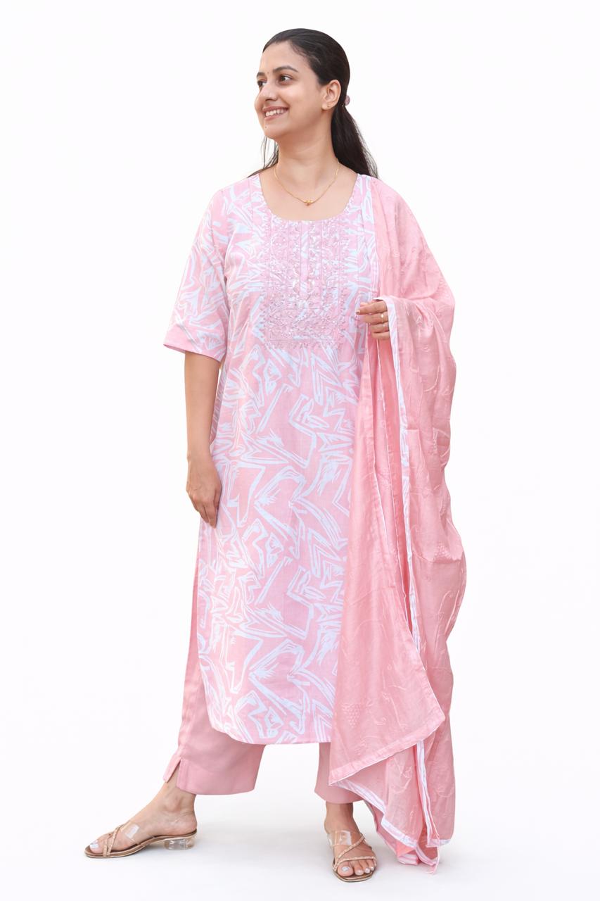 Pastel Peach Printed Round Neck Cotton Feeding 3 Piece Set With Pant And Dupatta | Free size