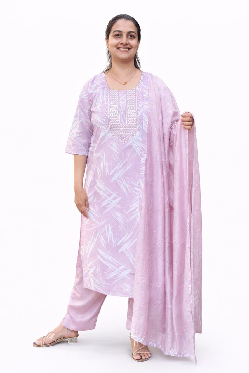 Mauve Printed Round Neck Cotton Feeding 3 Piece Set With Pant And Dupatta | Free size