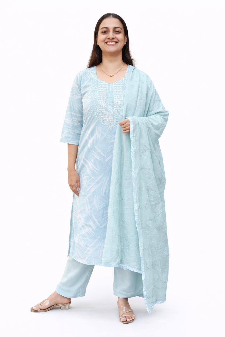 Pastel Blue Printed Round Neck Cotton Feeding 3 Piece Set With Pant And Dupatta | Free size