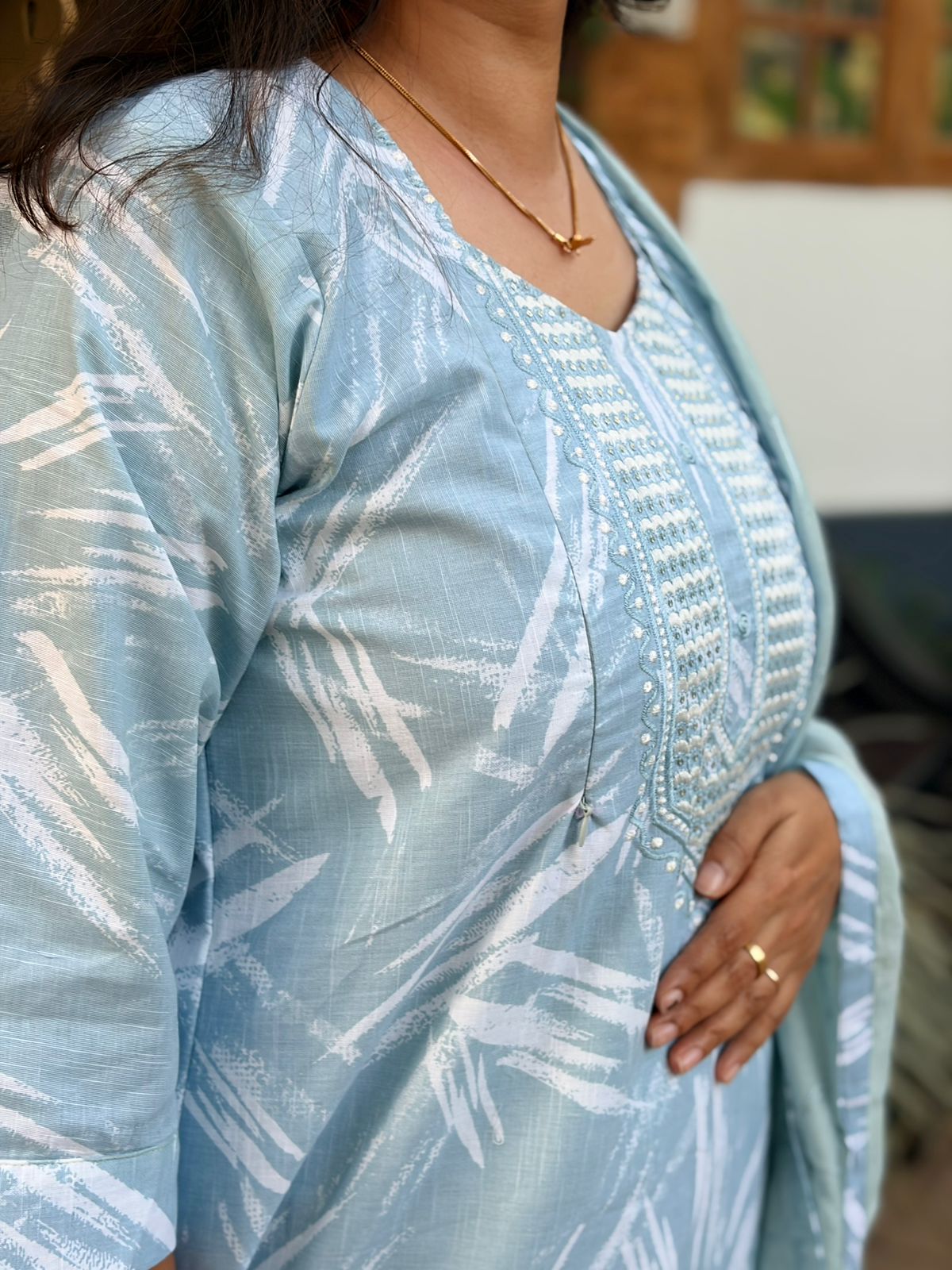Pastel Blue Printed Round Neck Cotton Feeding 3 Piece Set With Pant And Dupatta | Free size