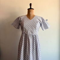 Lavender Floral Printed Cambric Cotton V Neck Puff Sleeve Feeding Gown With Two Side Invisible Zip And Back Tie | Free Size |