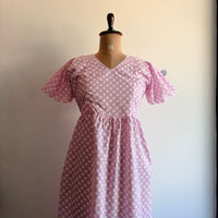 Pale Pink Floral Printed Cambric Cotton V Neck Puff Sleeve Feeding Gown With Two Side Invisible Zip And Back Tie | Free Size |