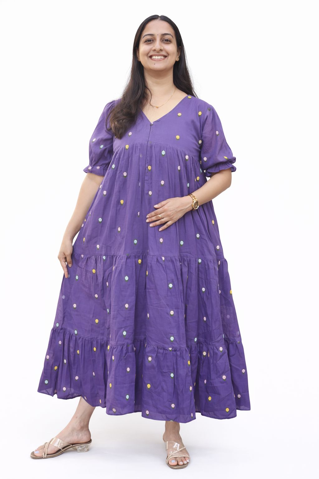 Violet Floral Embroidered Mul Cotton Flared Feeding Gown With Single Centre Invisible Zip | Free Size | 46" length