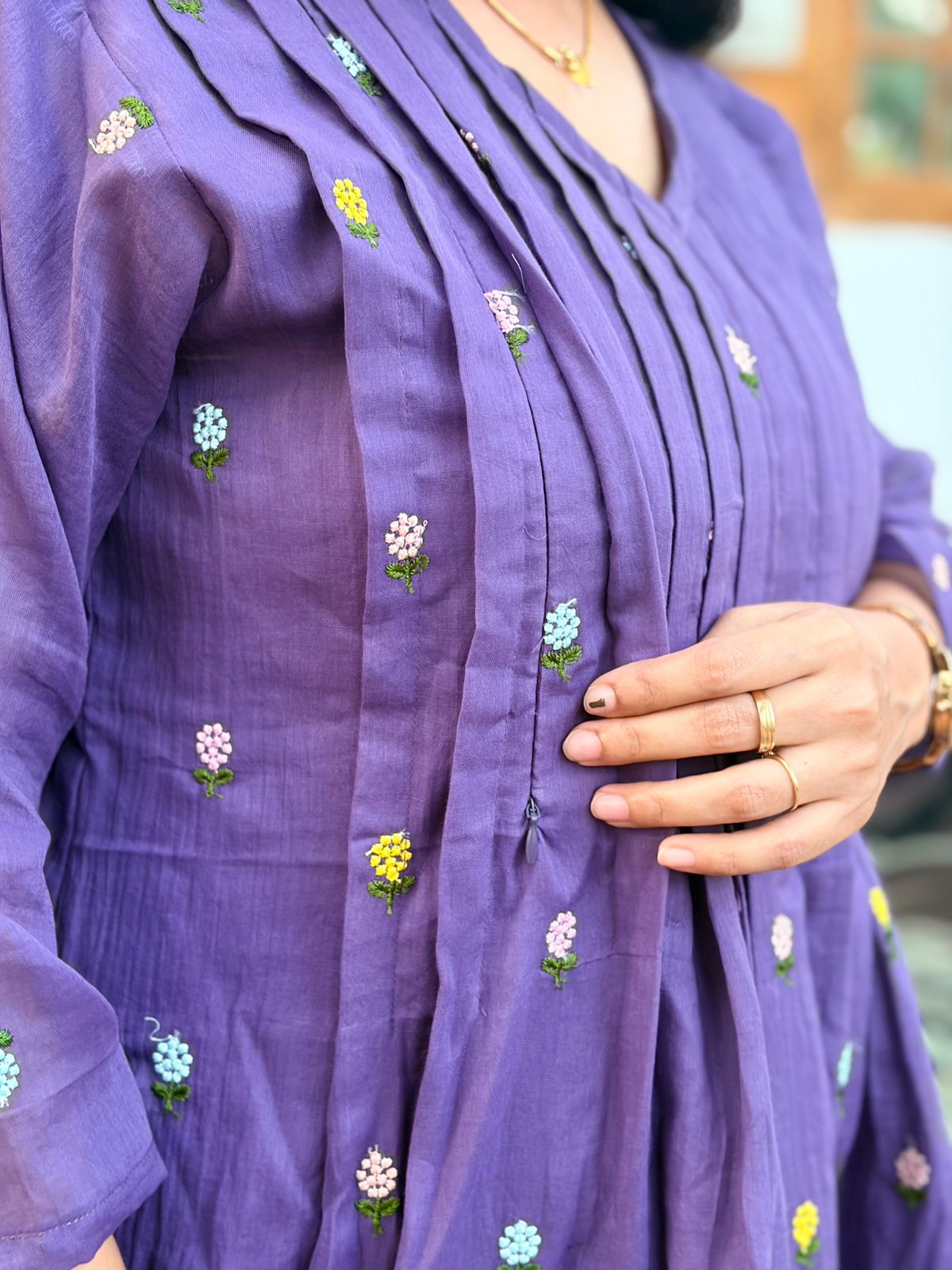 Blue Floral Embroidered Mul Cotton Feeding Kurti With Two Side Invisible Zip | Free Size | 44" length