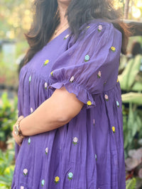 Violet Floral Embroidered Mul Cotton Flared Feeding Gown With Single Centre Invisible Zip | Free Size | 46" length