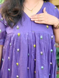 Violet Floral Embroidered Mul Cotton Flared Feeding Gown With Single Centre Invisible Zip | Free Size | 46" length
