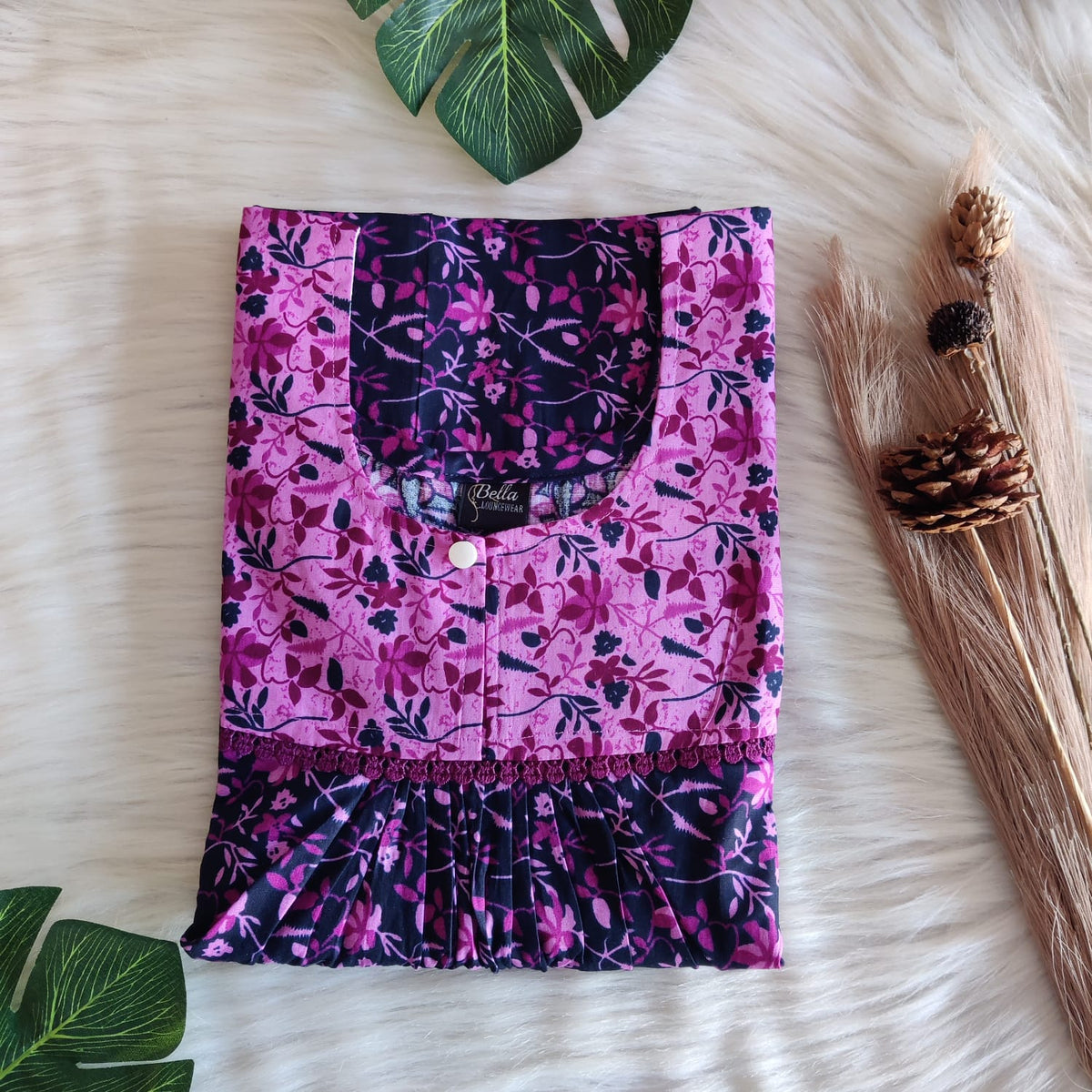 Pink And Navy Blue Floral Printed Premium Cotton Lace Nighty | Free Size | Chest Width 44″| Length 54″-56″