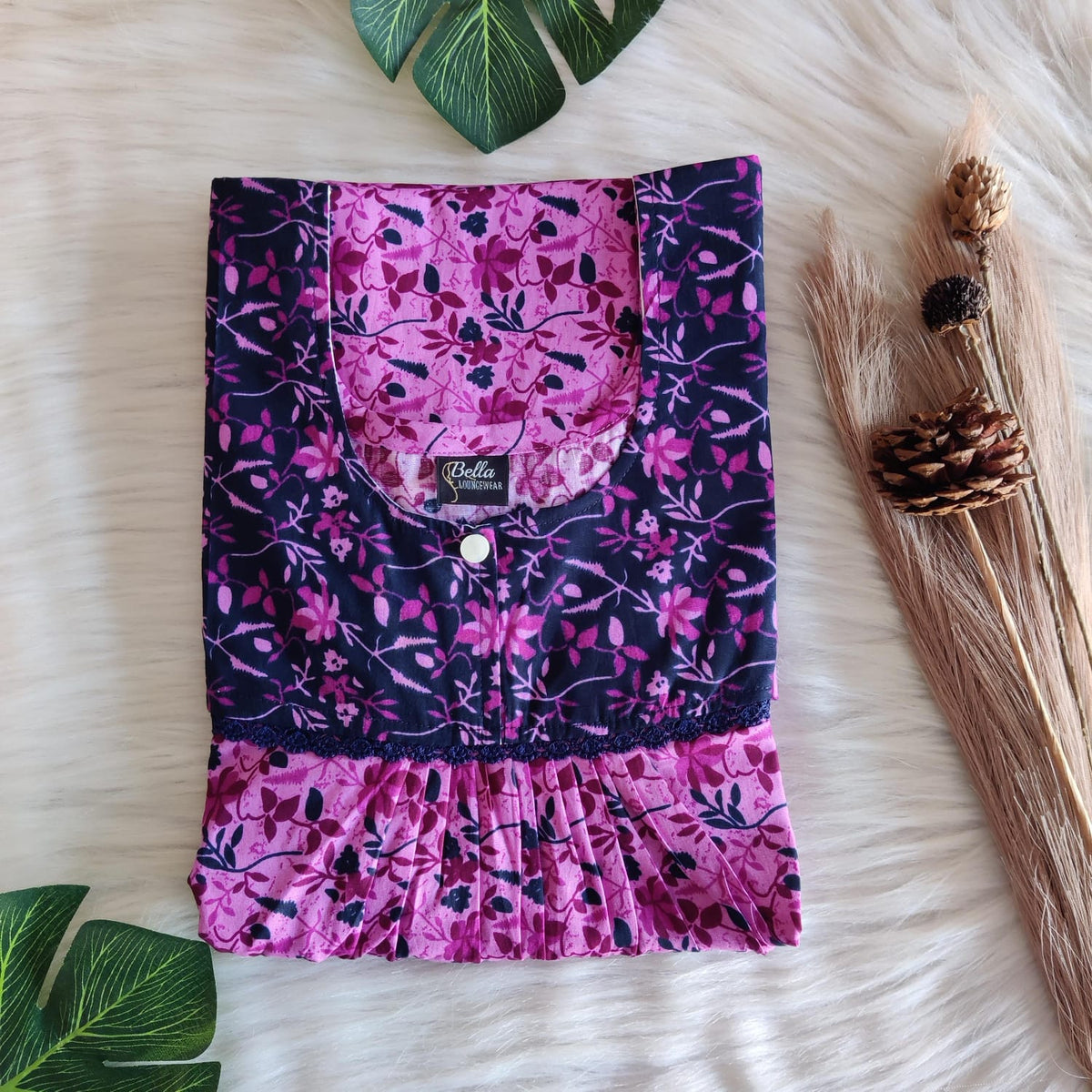 Navy Blue And Pink Floral Printed Premium Cotton Lace Nighty | Free Size | Chest Width 44″| Length 54″-56″