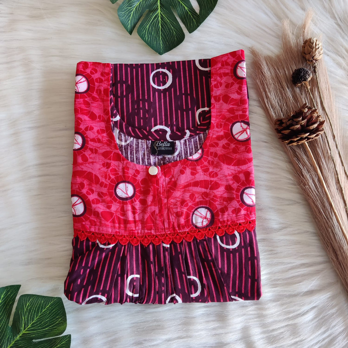 Red And Wine Stripes Printed Premium Cotton Lace Nighty | Free Size | Chest Width 44″| Length 54″-56″