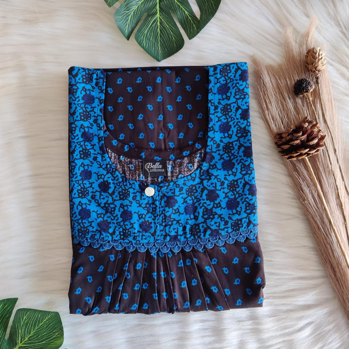 Blue And Black Printed Premium Cotton Lace Nighty | Free Size | Chest Width 44″| Length 54″-56″