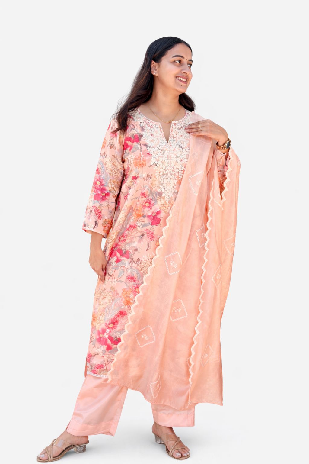 Pastel Orange Floral Printed Chikankari Embroidered Vatican Silk Feeding 3 Piece Set With Pant And Dupatta | Free size