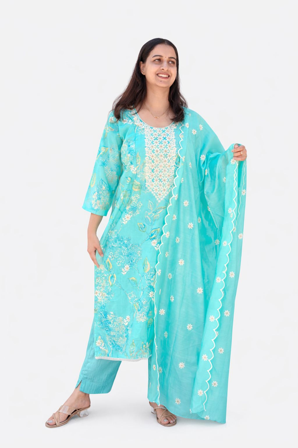 Aqua Blue Floral Printed Chikankari Embroidered Vatican Silk Feeding 3 Piece Set With Pant And Dupatta | Free size