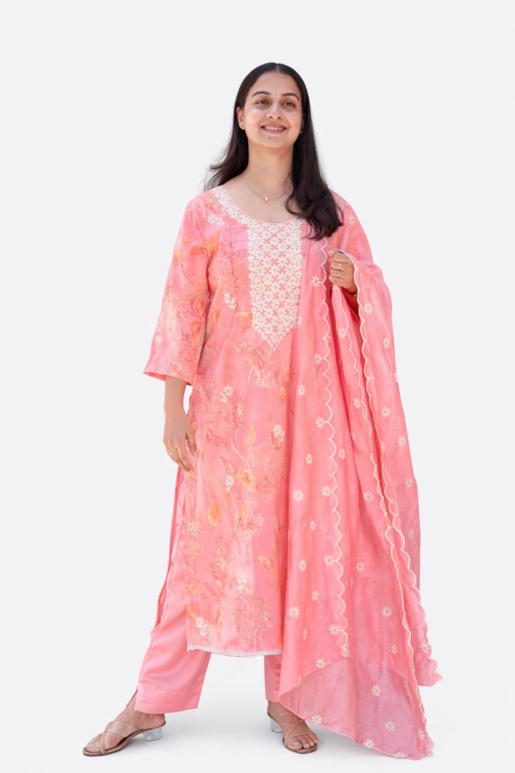 Pastel Peach Floral Printed Chikankari Embroidered Vatican Silk Feeding 3 Piece Set With Pant And Dupatta | Free size
