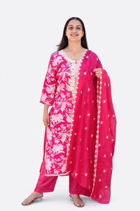 Rani Pink Floral Printed Chikankari Embroidered Vatican Silk Feeding 3 Piece Set With Pant And Dupatta | Free size