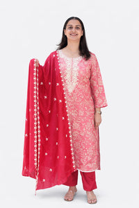 Mauve Pink Floral Printed Chikankari Embroidered Vatican Silk Feeding 3 Piece Set With Pant And Dupatta | Free size