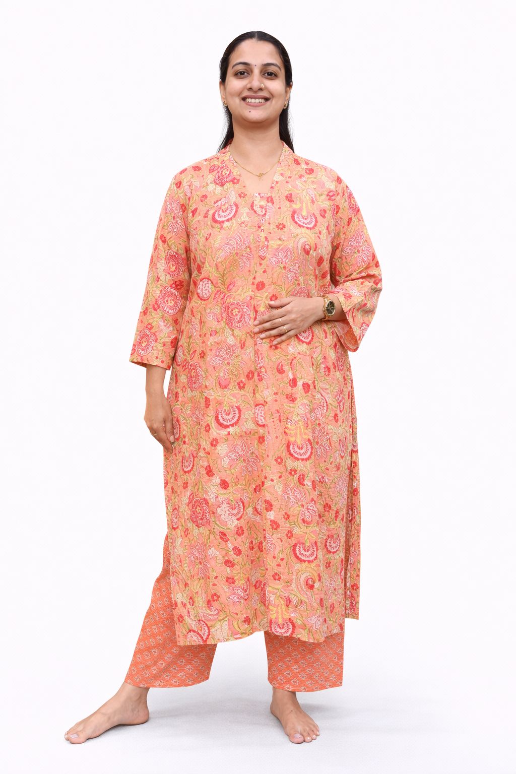 Orange Floral Printed Kantha Cotton V - Collar Neck Kurti Co-ord Set| Palazzo Pant | Free Size