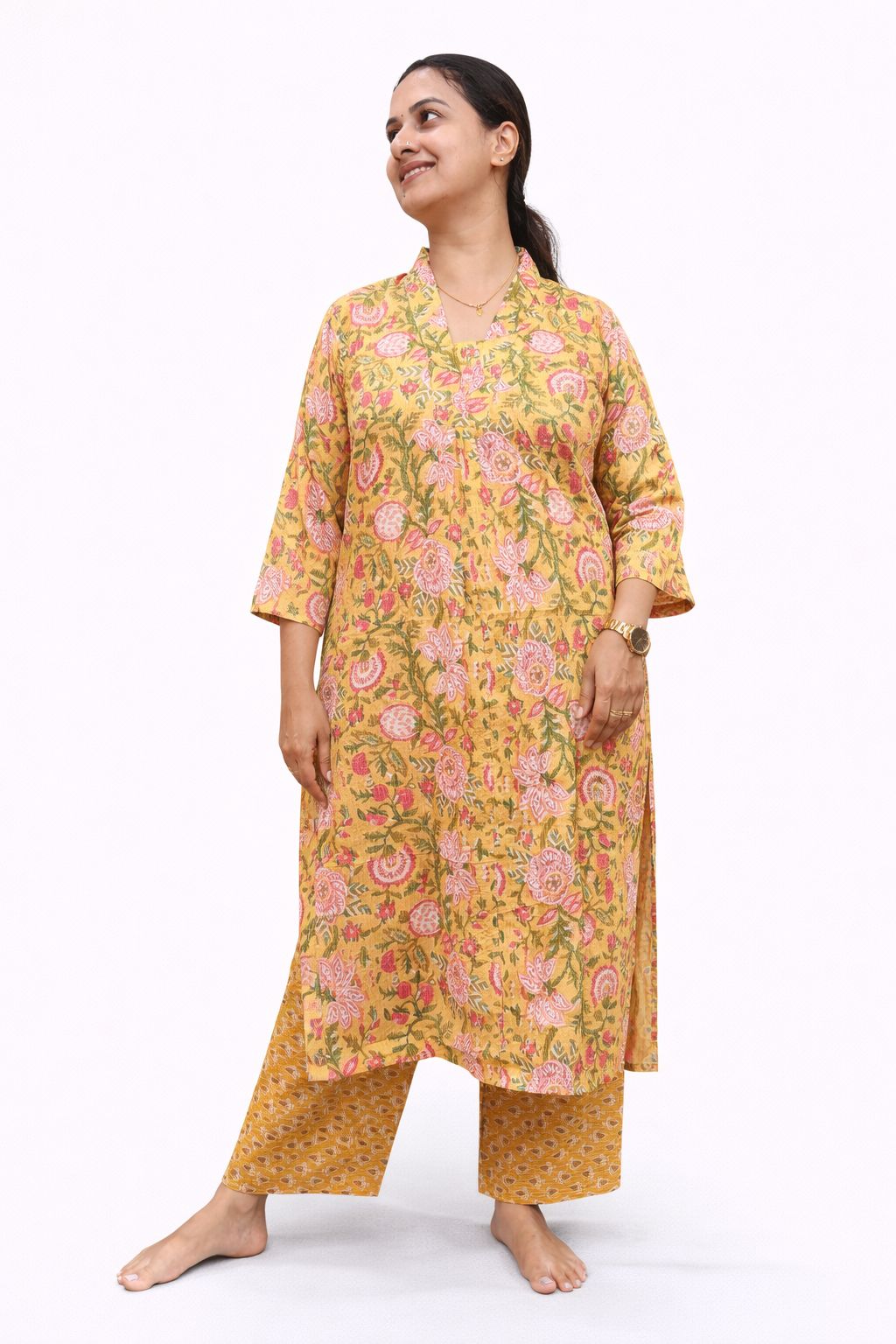 Yellow Floral Printed Kantha Cotton V - Collar Neck Kurti Co-ord Set| Palazzo Pant | Free Size