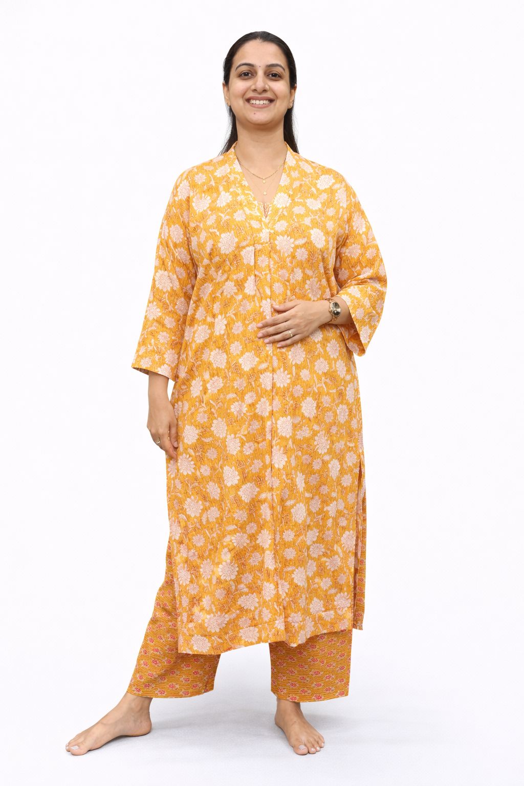 Mustard Yellow Floral Printed Kantha Cotton V - Collar Neck Kurti Co-ord Set| Palazzo Pant | Free Size