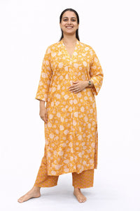 Mustard Yellow Floral Printed Kantha Cotton V - Collar Neck Kurti Co-ord Set| Palazzo Pant | Free Size