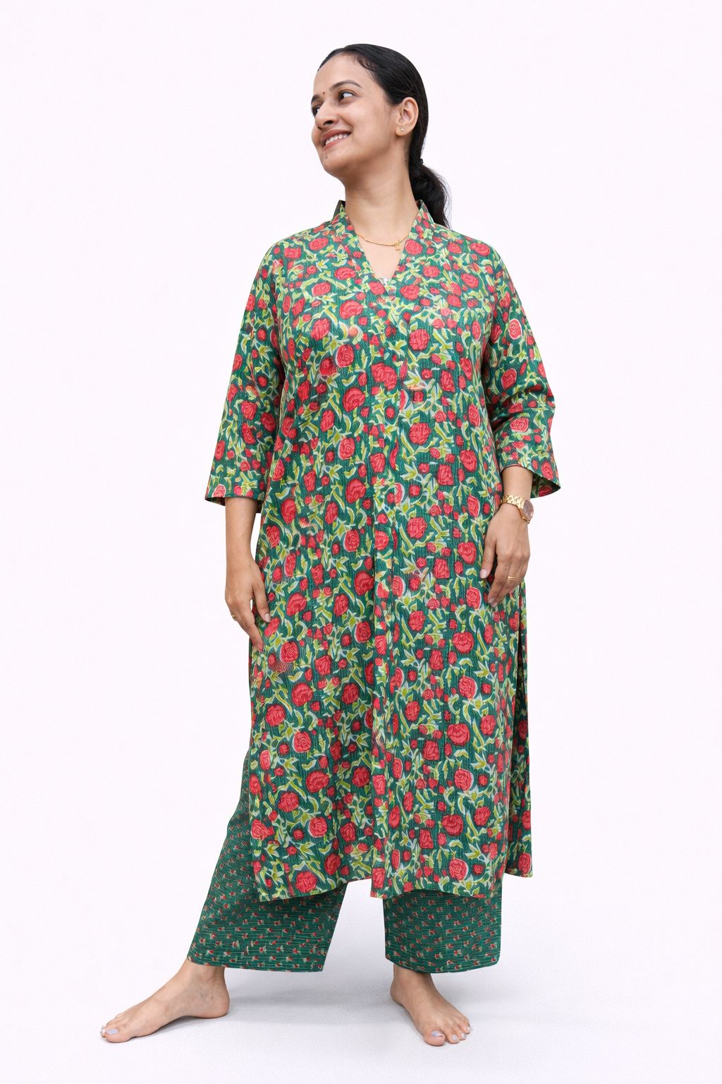 Red And Green Floral Printed Kantha Cotton V - Collar Neck Kurti Co-ord Set| Palazzo Pant | Free Size
