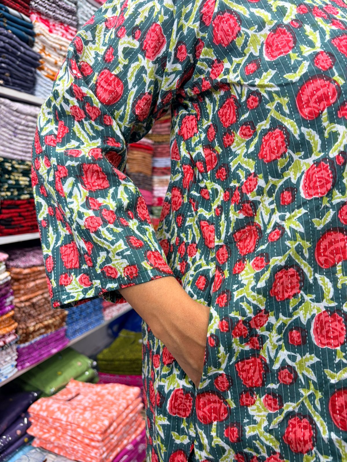 Red And Green Floral Printed Kantha Cotton V - Collar Neck Kurti Co-ord Set| Palazzo Pant | Free Size