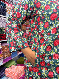 Red And Green Floral Printed Kantha Cotton V - Collar Neck Kurti Co-ord Set| Palazzo Pant | Free Size