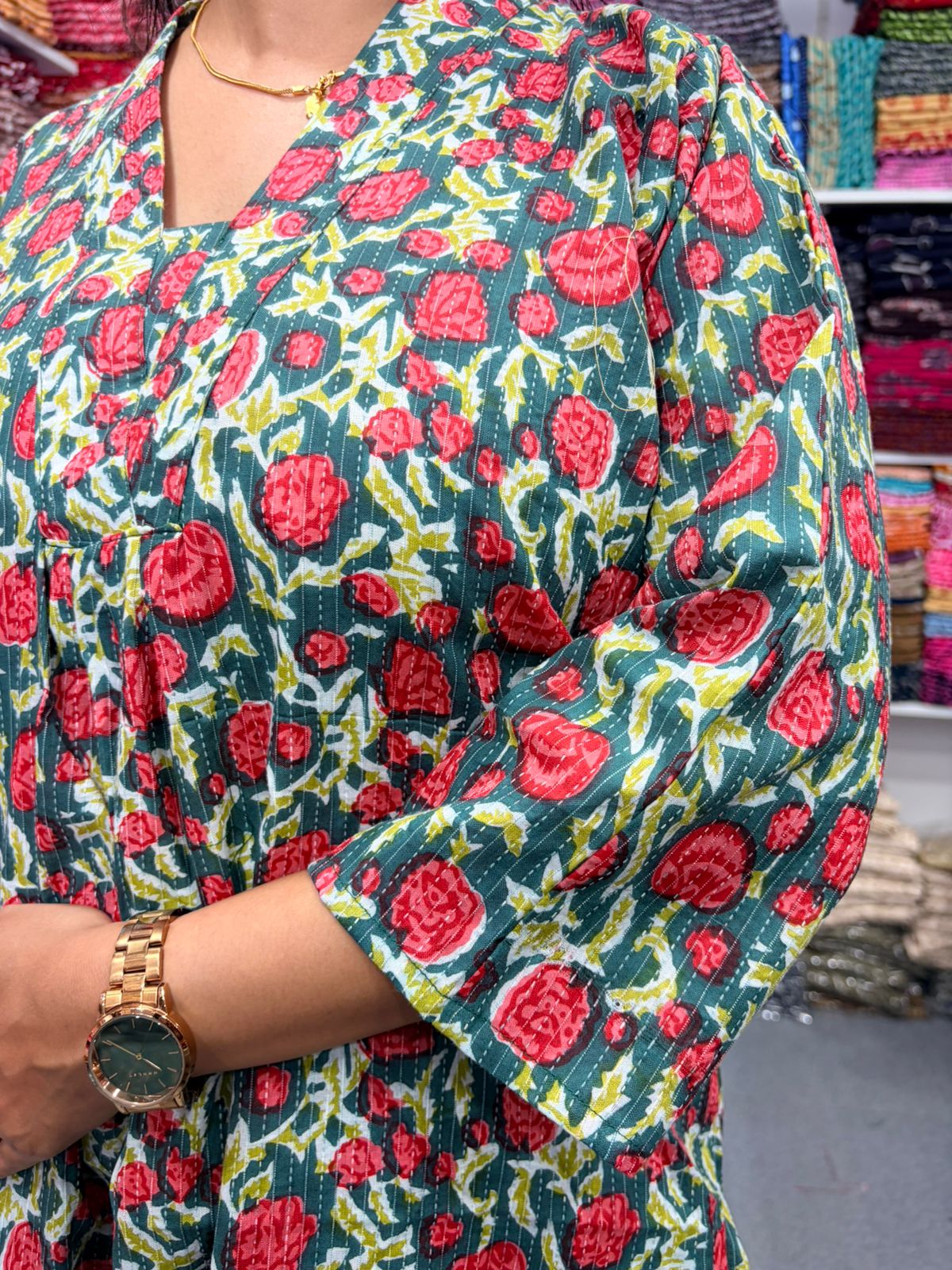 Red And Green Floral Printed Kantha Cotton V - Collar Neck Kurti Co-ord Set| Palazzo Pant | Free Size