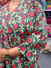 Red And Green Floral Printed Kantha Cotton V - Collar Neck Kurti Co-ord Set| Palazzo Pant | Free Size