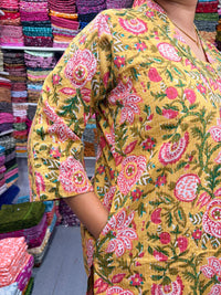 Yellow Floral Printed Kantha Cotton V - Collar Neck Kurti Co-ord Set| Palazzo Pant | Free Size