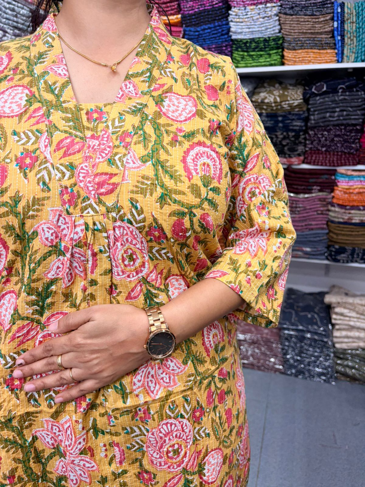 Yellow Floral Printed Kantha Cotton V - Collar Neck Kurti Co-ord Set| Palazzo Pant | Free Size