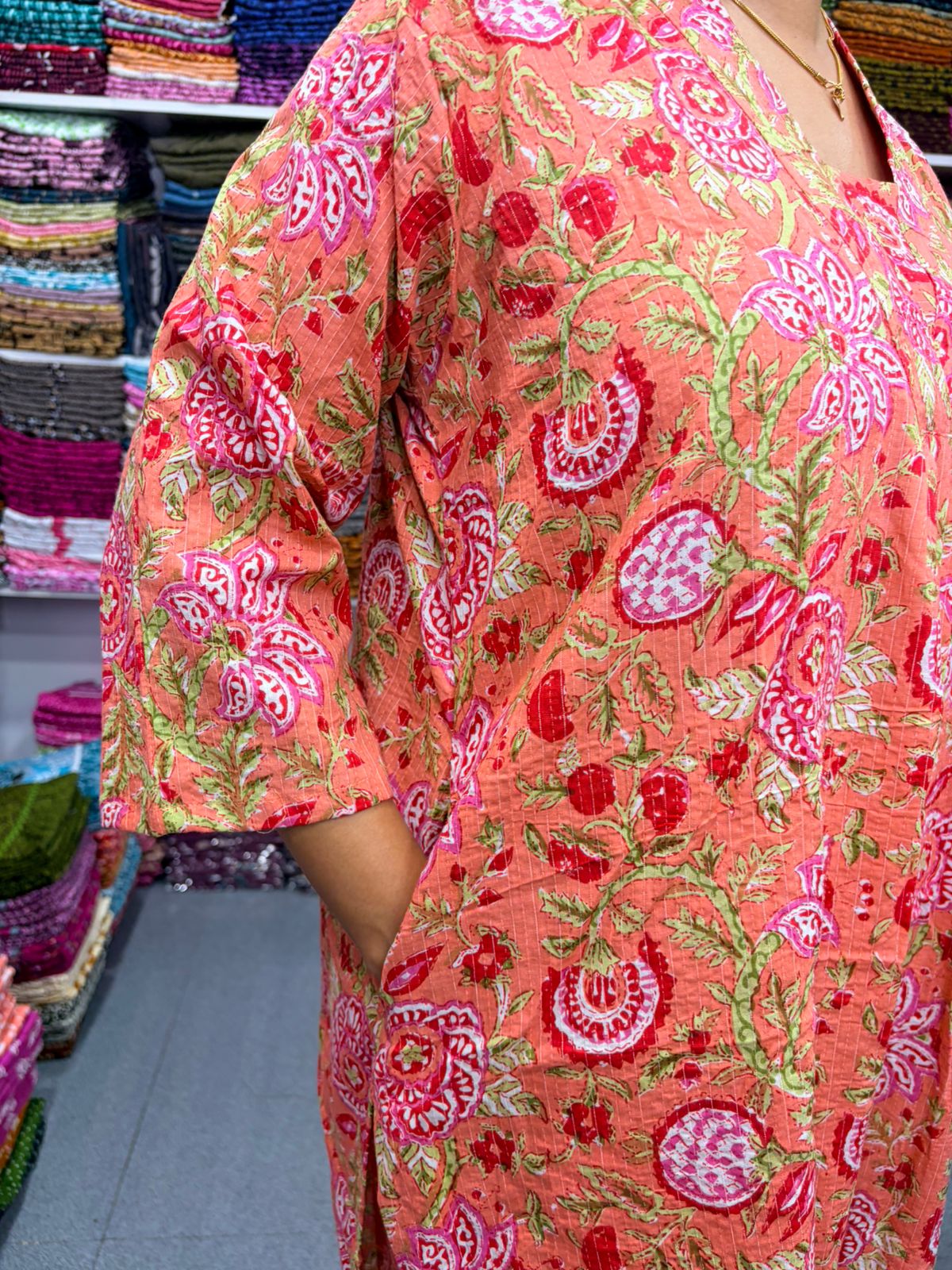Orange Floral Printed Kantha Cotton V - Collar Neck Kurti Co-ord Set| Palazzo Pant | Free Size