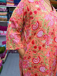 Orange Floral Printed Kantha Cotton V - Collar Neck Kurti Co-ord Set| Palazzo Pant | Free Size