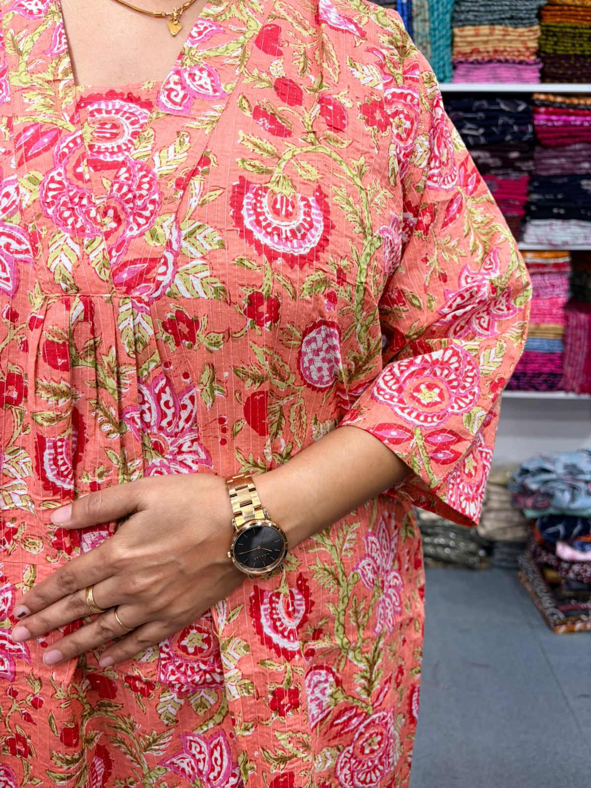 Orange Floral Printed Kantha Cotton V - Collar Neck Kurti Co-ord Set| Palazzo Pant | Free Size