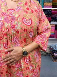 Orange Floral Printed Kantha Cotton V - Collar Neck Kurti Co-ord Set| Palazzo Pant | Free Size