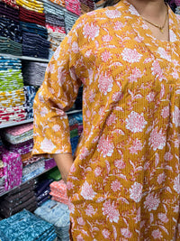 Mustard Yellow Floral Printed Kantha Cotton V - Collar Neck Kurti Co-ord Set| Palazzo Pant | Free Size
