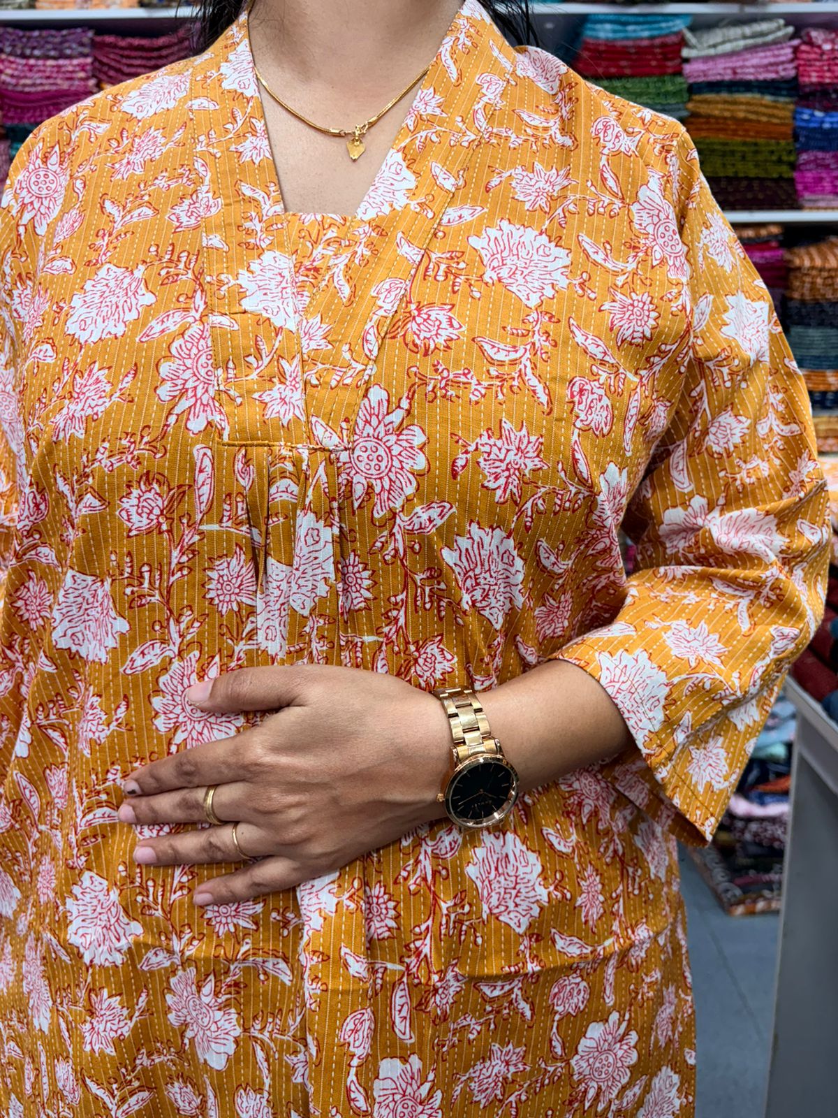Mustard Yellow Floral Printed Kantha Cotton V - Collar Neck Kurti Co-ord Set| Palazzo Pant | Free Size